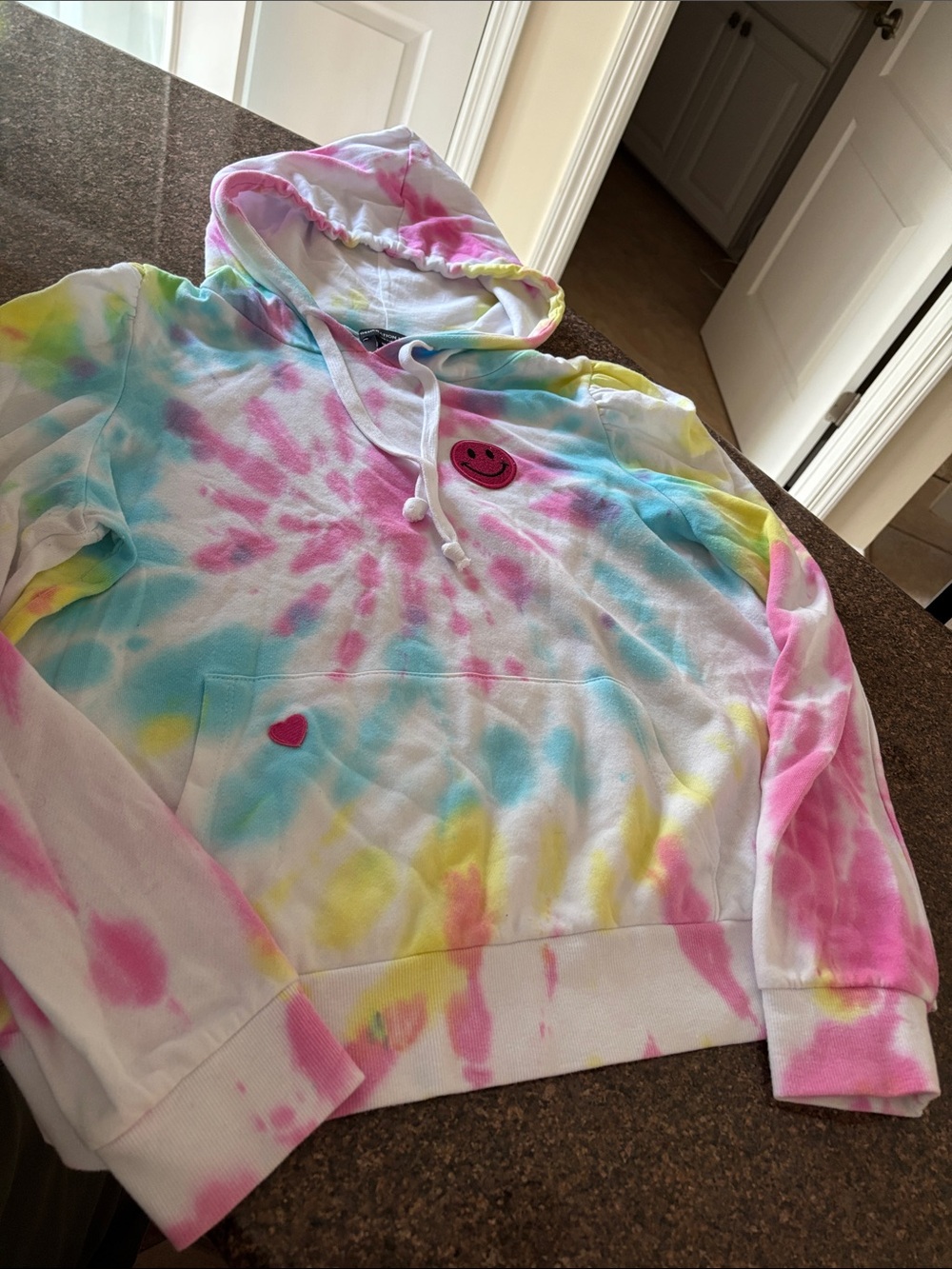 Generation Love Ladies Pink Blue Yellow Tie-Dye Smile Patch Hoodie-M - Picture 4 of 6